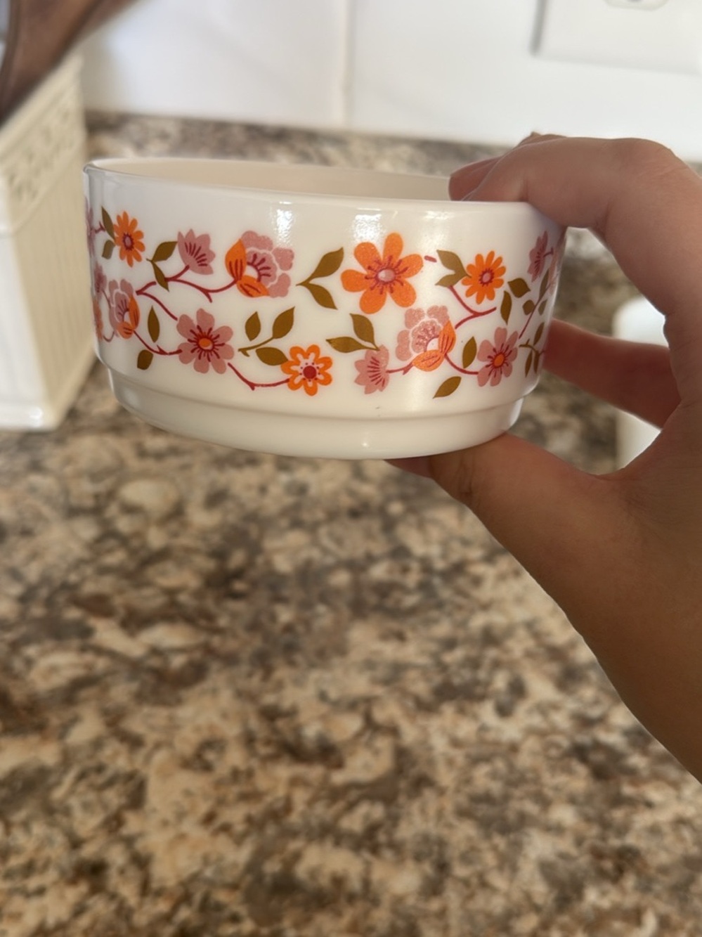 Vintage Arcopal France Floral Milk Glass Bowl - Pink & Orange Flower Band